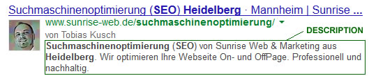 Google Snippet von Sunrise Web & Marketing für die Suche nach Suchmaschinenoptimierung Heidelberg